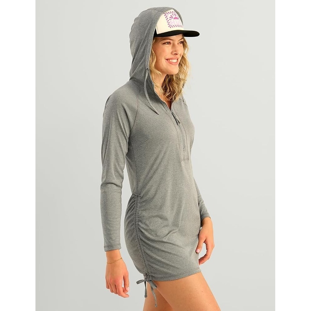 HUK Pursuit Coverup Dress M Gray Hooded Beach Ruched 1/2 Zip
